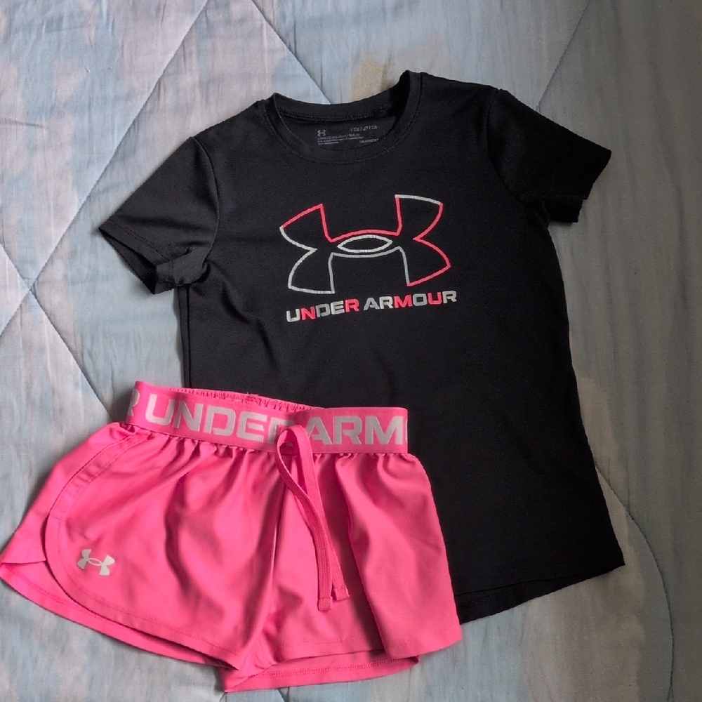 Under Armour Black Logo Tee + Pink Athletic Shorts Set Youth Small
